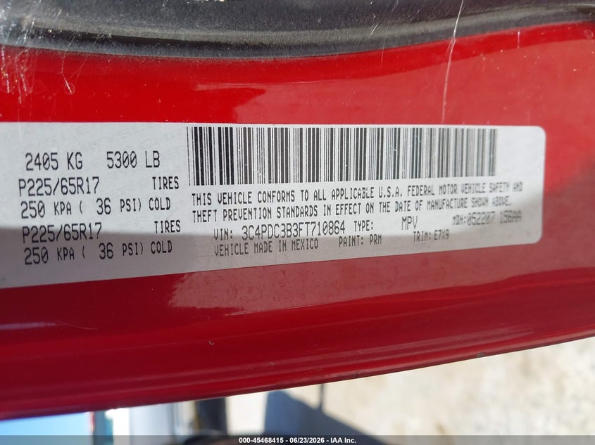 2015 Dodge Journey VIN 3C4PDCBB3FT710864 IAAI salvage auction — NORMAL WEAR, Clear - Dealer Only (California), sold $425 on 2026-07-09 (photo 9)