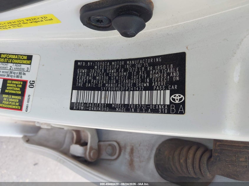 2015 Toyota Corolla VIN 5YFBURHE0FP341432 IAAI salvage auction — NORMAL WEAR, Original (Texas), sold $5,050 on 2026-07-28 (photo 9)