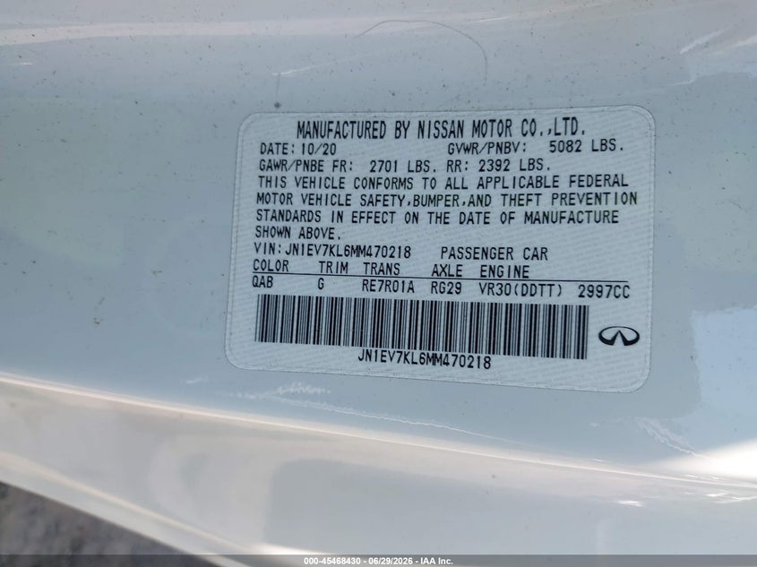 2021 Infiniti Q60 VIN JN1EV7KL6MM470218 IAAI salvage auction — FRONT END, Salvage Title, sold $7,300 on 2026-08-22 (photo 9)