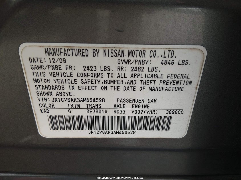 2010 Infiniti G37 VIN JN1CV6AR3AM454528 IAAI salvage auction — FRONT END, Salvage (Tennessee), sold $300 on 2026-07-22 (photo 9)