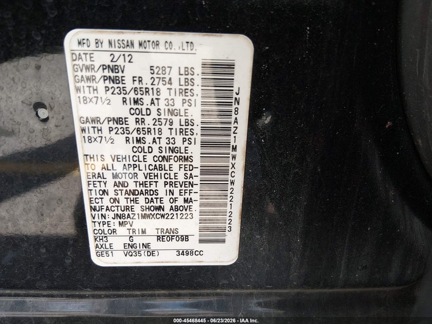 2012 Nissan Murano VIN JN8AZ1MWXCW221223 IAAI salvage auction — NORMAL WEAR, Clear (South Carolina), sold $125 on 2026-07-08 (photo 9)