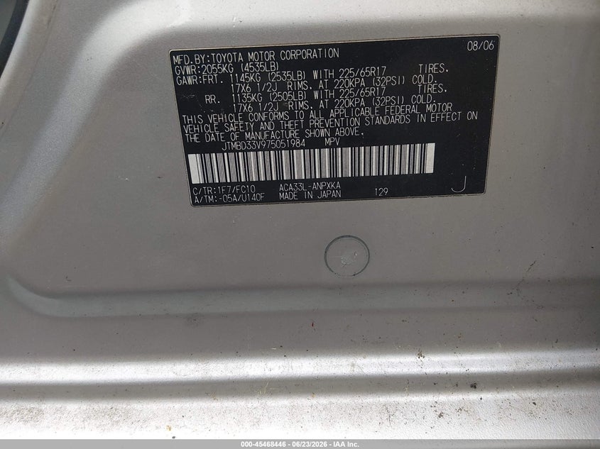 2007 Toyota Rav 4 VIN JTMBD33V975051984 IAAI salvage auction — NORMAL WEAR, Regular Certificate (Iowa), sold $800 on 2026-07-28 (photo 9)