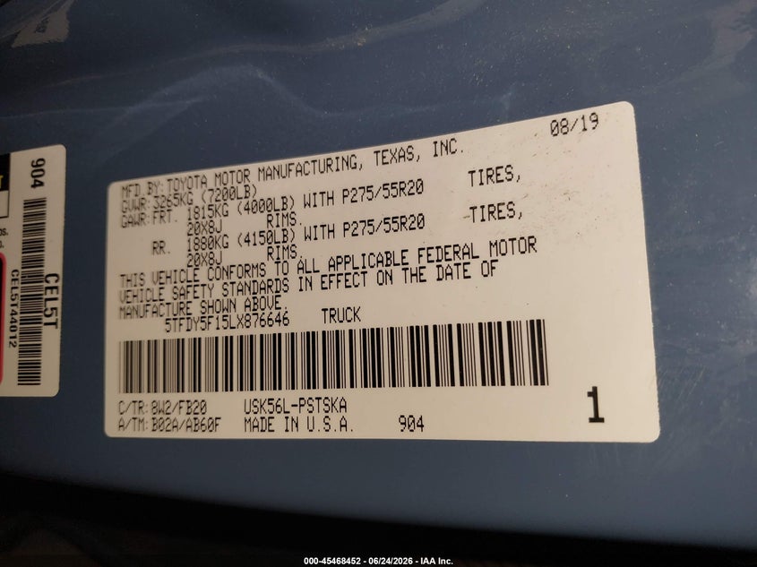 2020 Toyota Tundra VIN 5TFDY5F15LX876646 IAAI salvage auction — RIGHT FRONT, Salvage Title, sold $14,600 on 2026-07-30 (photo 9)
