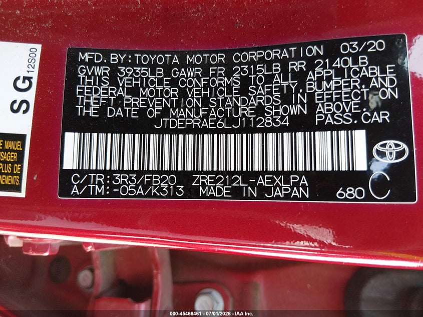 2020 Toyota Corolla VIN JTDEPRAE6LJ112834 IAAI salvage auction — FRONT END, Salvage (North Carolina), sold $5,200 on 2026-07-15 (photo 9)