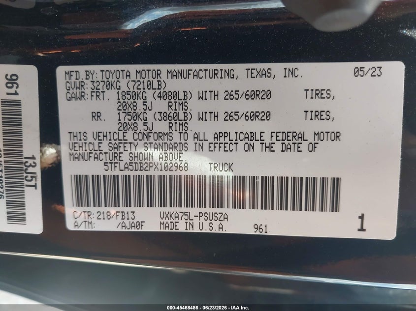 2023 Toyota Tundra VIN 5TFLA5DB2PX102968 IAAI salvage auction — UNKNOWN, Original (Texas), sold $15,600 on 2026-07-15 (photo 9)
