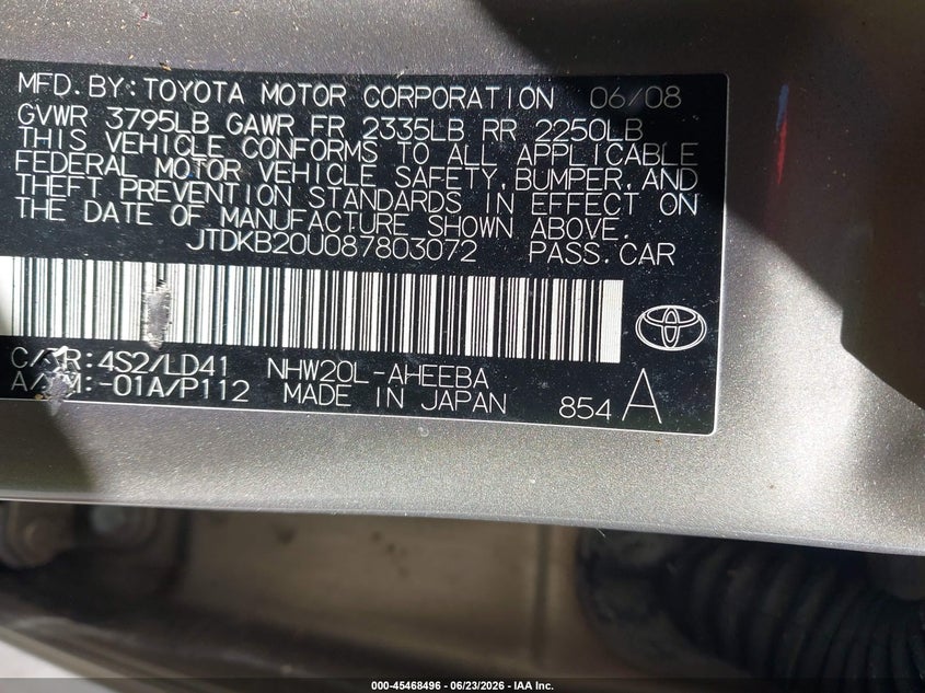 2008 Toyota Prius VIN JTDKB20U087803072 IAAI salvage auction — NORMAL WEAR, Clear (Florida), sold $675 on 2026-07-29 (photo 9)