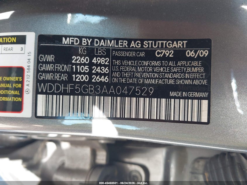 2010 Mercedes-benz E-class VIN WDDHF5GB3AA047529 IAAI salvage auction — FRONT END, Salvage - Greater Than 75% (Maryland), sold $1,750 on 2026-07-16 (photo 9)