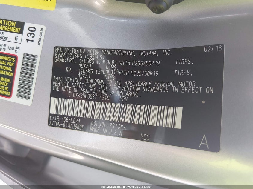 2016 Toyota Sienna VIN 5TDXK3DC8GS714349 IAAI salvage auction — REAR END, Original (Texas), sold $9,100 on 2026-08-21 (photo 9)
