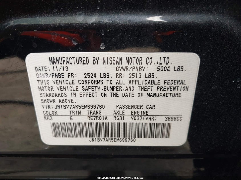 2014 Infiniti Q50 VIN JN1BV7AR5EM699760 IAAI salvage auction — RIGHT SIDE, Salvage - Greater Than 75% (Maryland), sold $325 on 2026-07-22 (photo 9)