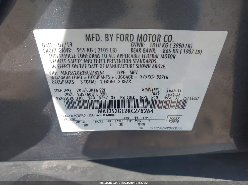 2019 Ford Ecosport VIN MAJ3S2GE2KC278264 IAAI salvage auction — LEFT SIDE, Salvage (Pennsylvania), sold $2,200 on 2026-07-14 (photo 9)