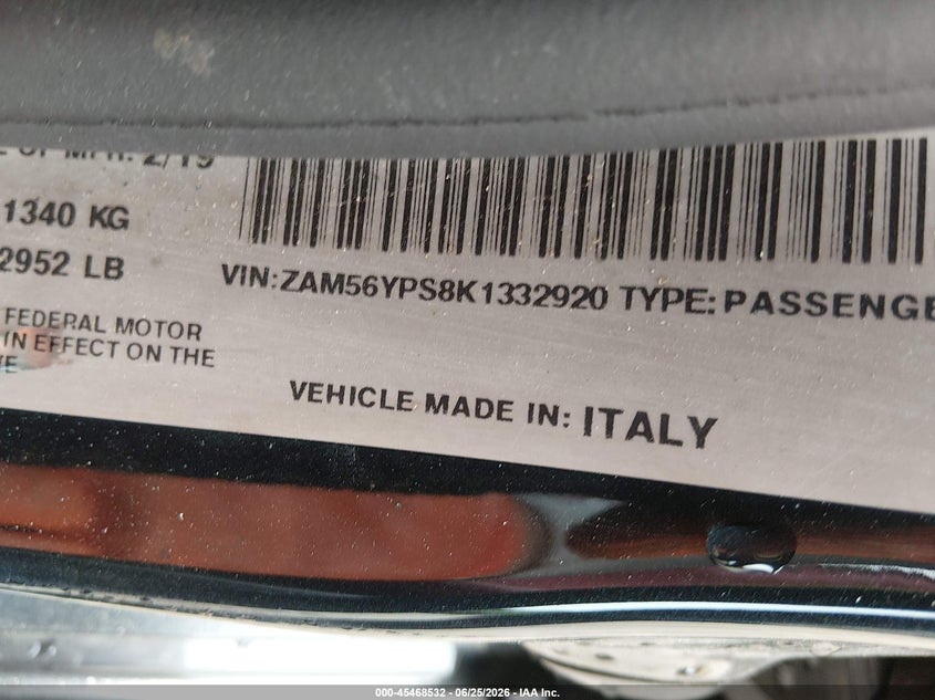 2019 Maserati Quattroporte VIN ZAM56YPS8K1332920 IAAI salvage auction — FRONT END, Clear (Indiana), sold $7,700 on 2026-07-29 (photo 9)