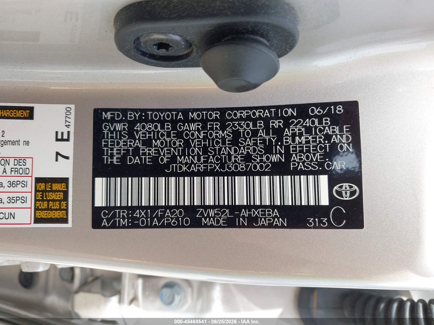 2018 Toyota Prius VIN JTDKARFPXJ3087002 IAAI salvage auction — LEFT FRONT, Salvage (Massachusetts), sold $5,700 on 2026-07-28 (photo 9)