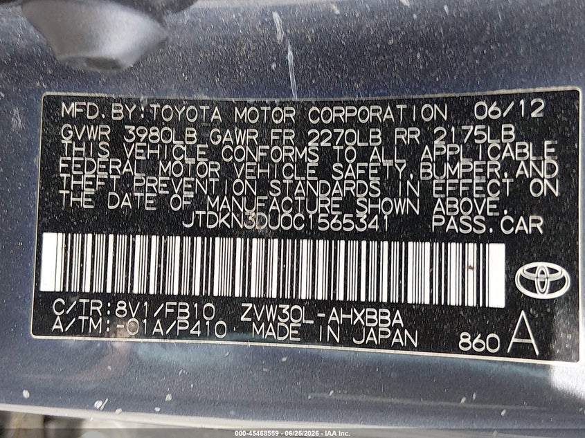 2012 Toyota Prius VIN JTDKN3DU0C1565341 IAAI salvage auction — NORMAL WEAR, Clear (Washington), sold $1,325 on 2026-07-29 (photo 9)