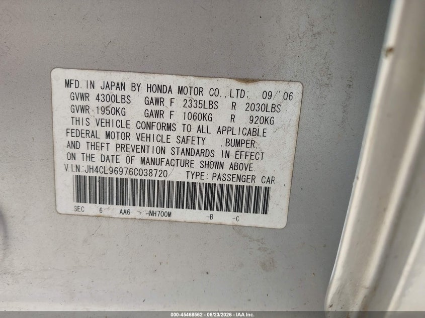 2006 Acura Tsx VIN JH4CL96976C038720 IAAI salvage auction — NORMAL WEAR, Clear (Kansas), sold $500 on 2026-07-29 (photo 9)