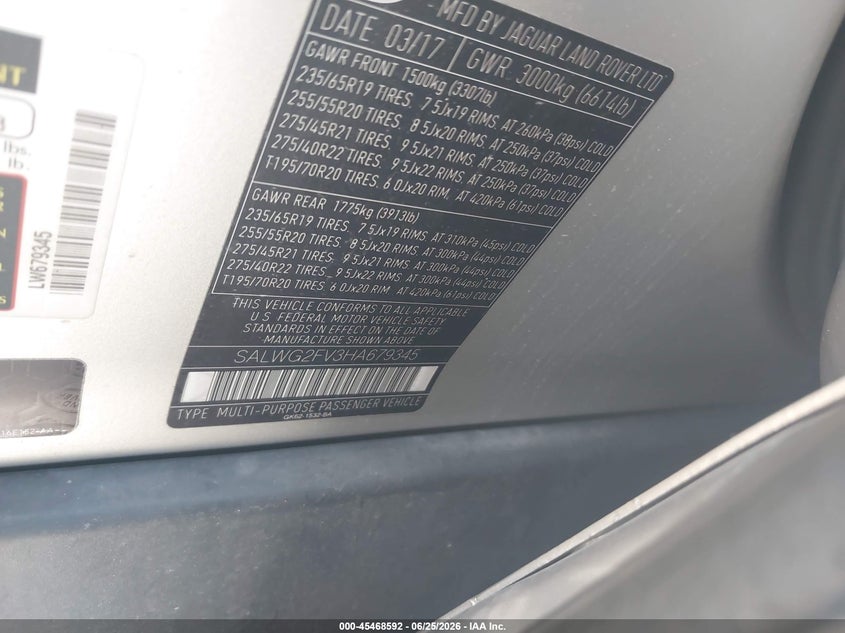 2017 Land rover Range rover sport VIN SALWG2FV3HA679345 IAAI salvage auction — NORMAL WEAR, Original (Texas), sold $2,000 on 2026-07-29 (photo 9)