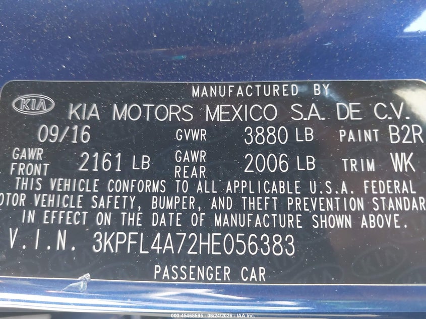 2017 Kia Forte VIN 3KPFL4A72HE056383 IAAI salvage auction — RIGHT SIDE, Salvage (California), sold $2,000 on 2026-07-09 (photo 9)