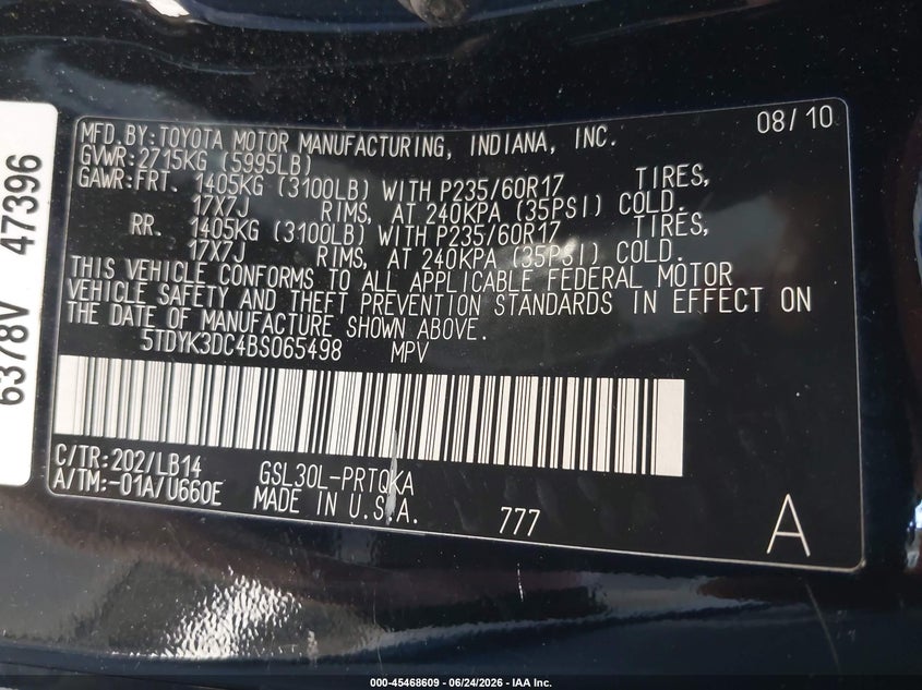 2011 Toyota Sienna VIN 5TDYK3DC4BS065498 IAAI salvage auction — RIGHT FRONT, Salvage (California), sold $1,550 on 2026-07-22 (photo 9)