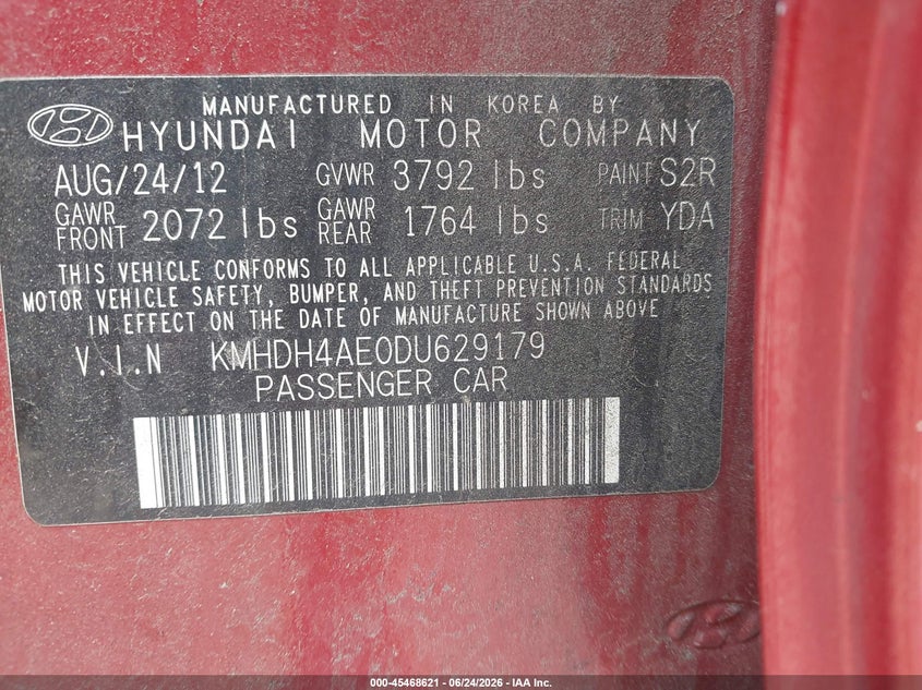 2013 Hyundai Elantra VIN KMHDH4AE0DU629179 IAAI salvage auction — THEFT, Rebuildable (Florida), sold $500 on 2026-07-28 (photo 9)