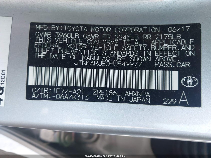 2017 Toyota Corolla VIN JTNKARJE0HJ549977 IAAI salvage auction — UNKNOWN, Salvage (California), sold $4,150 on 2026-07-09 (photo 9)