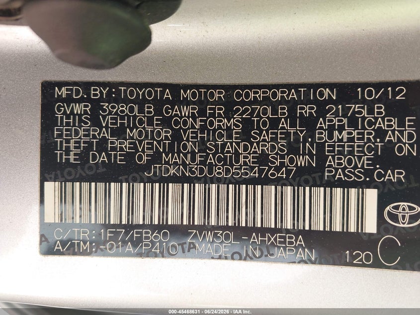 2013 Toyota Prius VIN JTDKN3DU8D5547647 IAAI salvage auction — REAR END, Salvage (North Carolina), sold $1,100 on 2026-09-07 (photo 9)