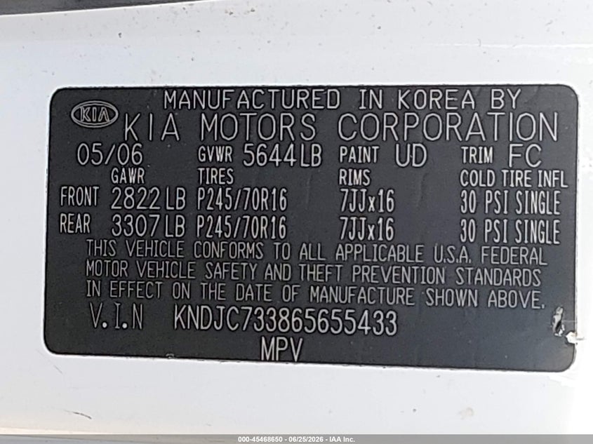 2006 Kia Sorento VIN KNDJC733865655433 IAAI salvage auction — NORMAL WEAR, Original (Kentucky), sold $600 on 2026-07-13 (photo 9)