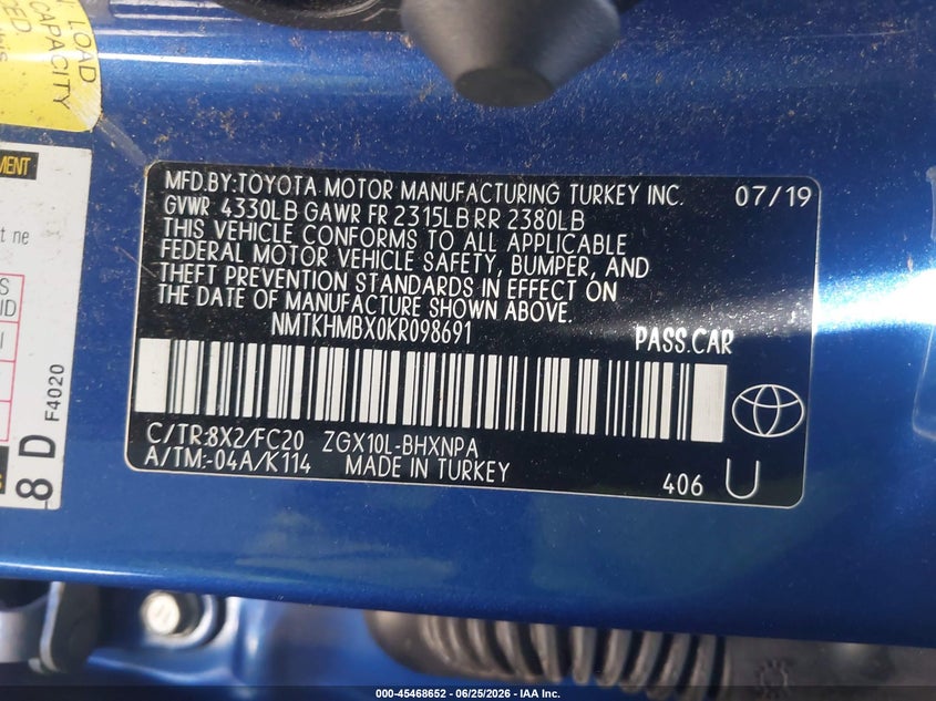 2019 Toyota C-hr VIN NMTKHMBX0KR098691 IAAI salvage auction — UNDERCARRIAGE, Salvage Title, sold $9,300 on 2026-08-17 (photo 9)