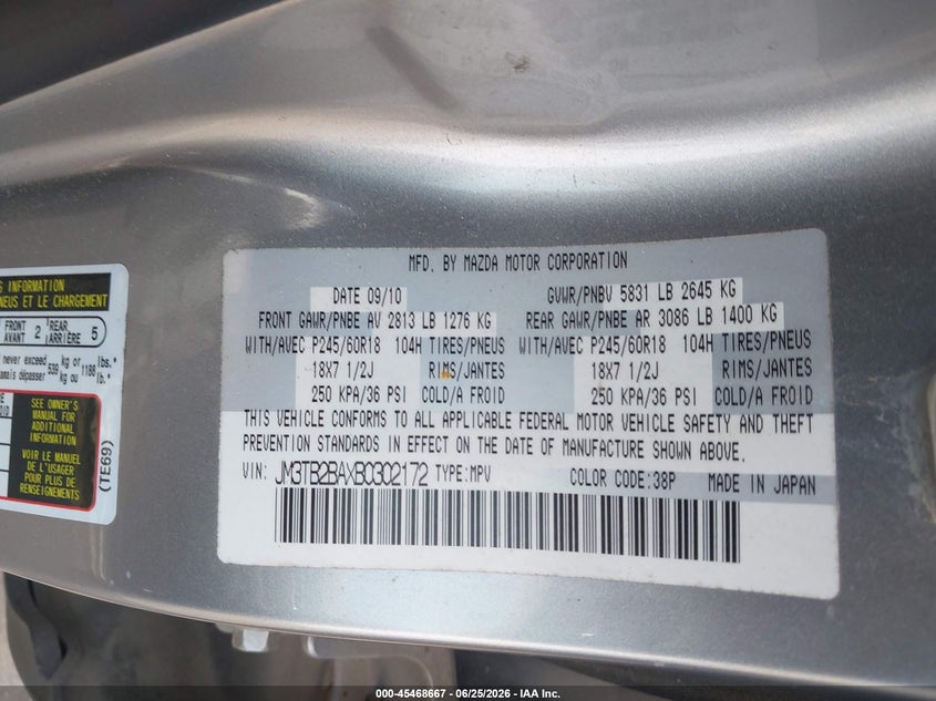 2011 Mazda Cx-9 VIN JM3TB2BAXB0302172 IAAI salvage auction — BIOHAZARD/CHEMICAL, Salvage (North Carolina), sold $400 on 2026-07-22 (photo 9)