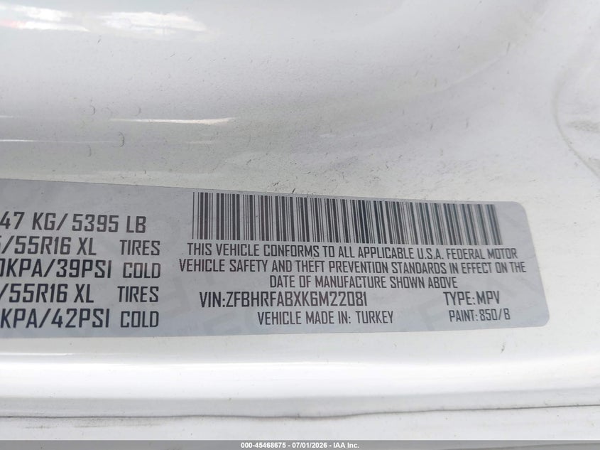 2019 Ram Promaster city VIN ZFBHRFABXK6M22081 IAAI salvage auction — REAR END, Salvage Title, sold $1,700 on 2026-07-23 (photo 9)