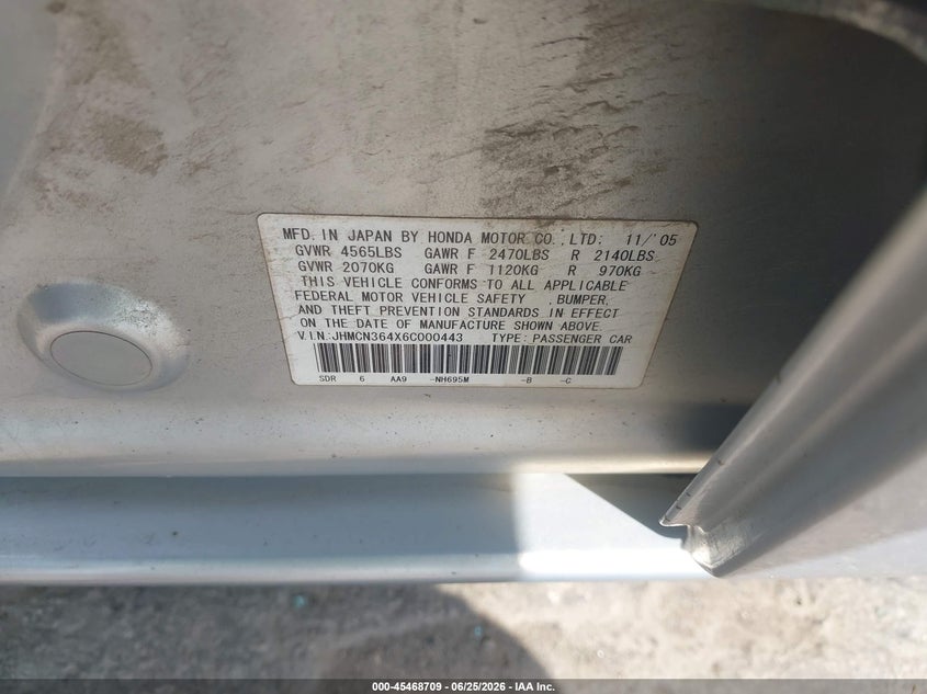2006 Honda Accord VIN JHMCN364X6C000443 IAAI salvage auction — FRONT END, Clear (Virginia), sold $350 on 2026-07-24 (photo 9)