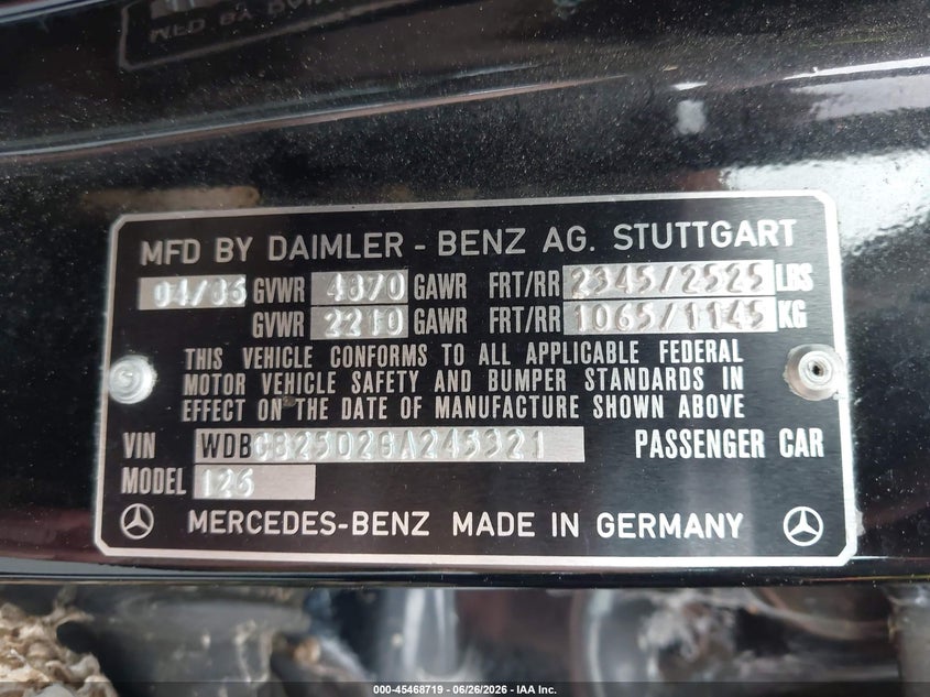1986 Mercedes-benz 300 VIN WDBCB25D2GA245321 IAAI salvage auction — BIOHAZARD/CHEMICAL, Clear (New York), sold $400 on 2026-07-09 (photo 9)