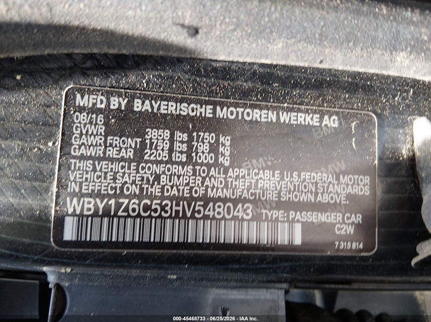 2017 BMW I3 VIN WBY1Z6C53HV548043 IAAI salvage auction — FRONT END, Salvage (North Carolina), sold $3,550 on 2026-07-29 (photo 9)