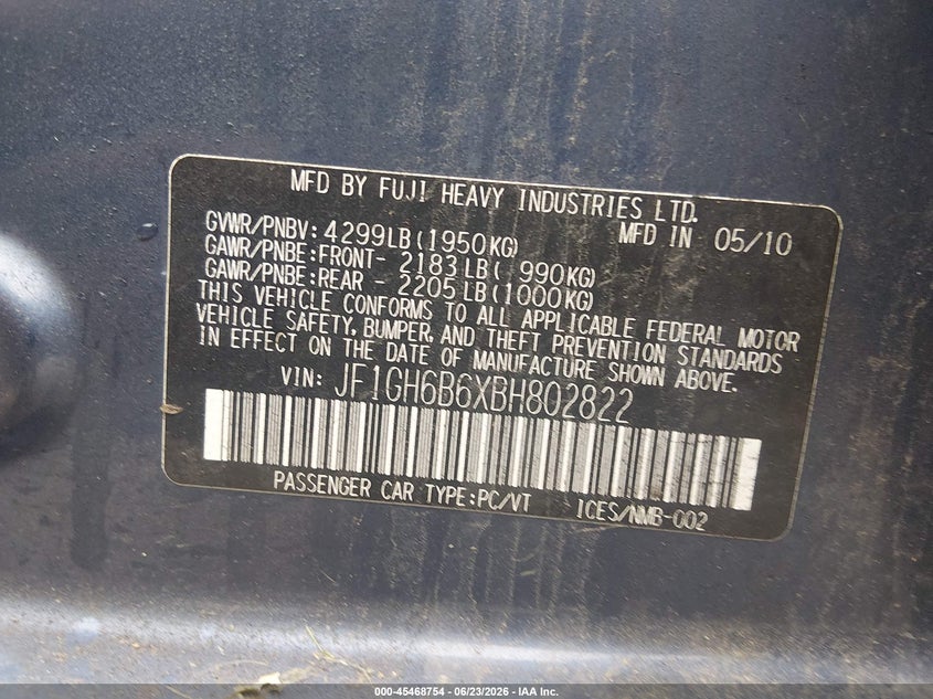 2011 Subaru Impreza VIN JF1GH6B6XBH802822 IAAI salvage auction — NORMAL WEAR, Clear (Pennsylvania), sold $500 on 2026-07-29 (photo 9)