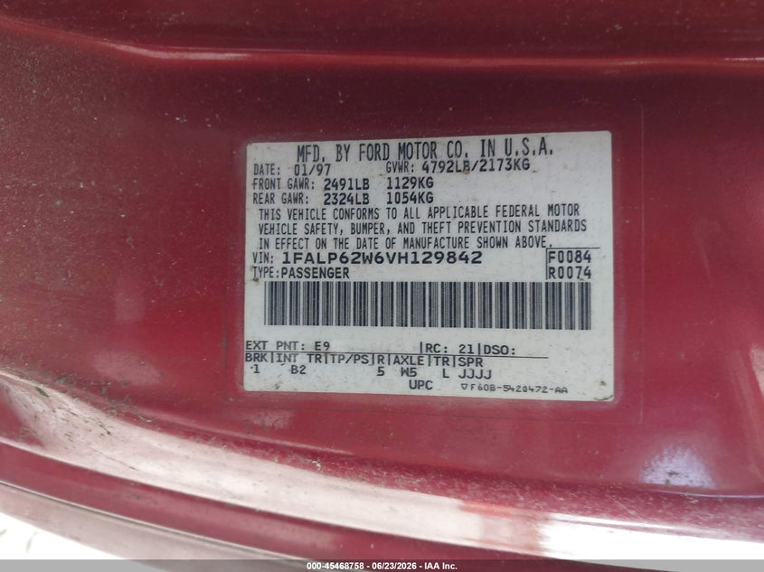 1997 Ford Thunderbird VIN 1FALP62W6VH129842 IAAI salvage auction — NORMAL WEAR, Clear (South Carolina), sold $1,425 on 2026-07-07 (photo 9)