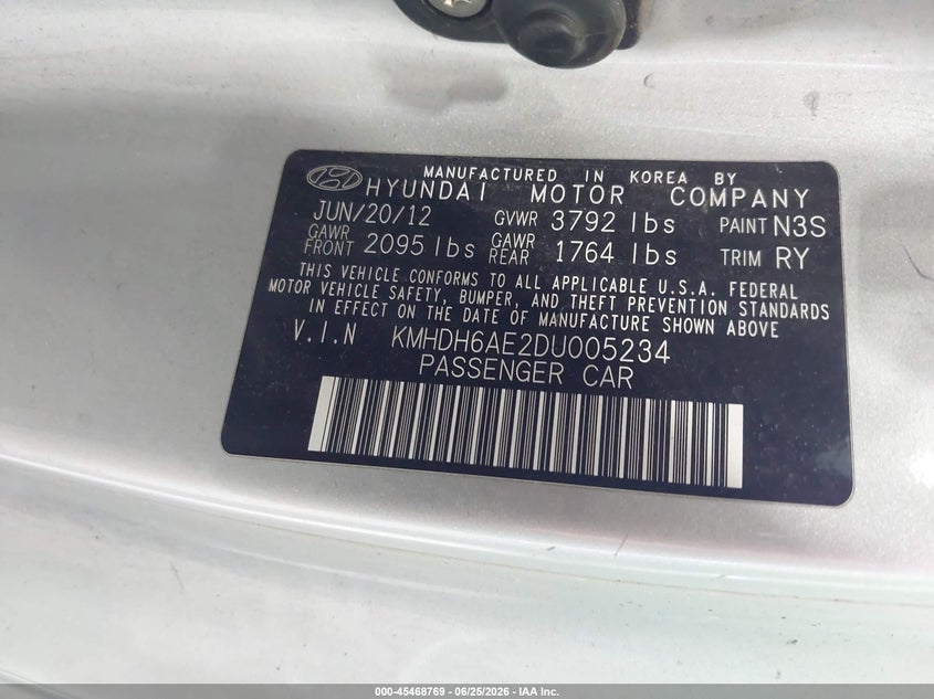 2013 Hyundai Elantra VIN KMHDH6AE2DU005234 IAAI salvage auction — LEFT REAR, Salvage Title, sold $425 on 2026-07-15 (photo 9)