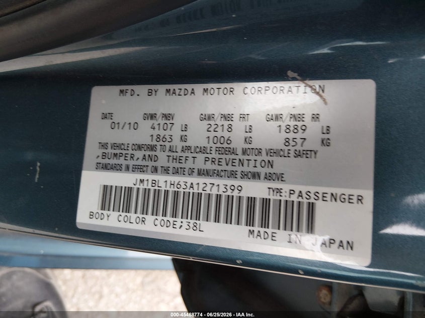 2010 Mazda 3 VIN JM1BL1H63A1271399 IAAI salvage auction — NORMAL WEAR, Original (Texas), sold $1,375 on 2026-07-13 (photo 9)