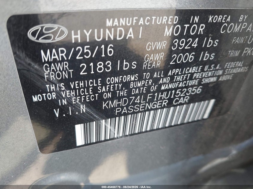 2017 Hyundai Elantra VIN KMHD74LF1HU152356 IAAI salvage auction — FRONT END, Salvage (California), sold $1,950 on 2026-07-28 (photo 9)