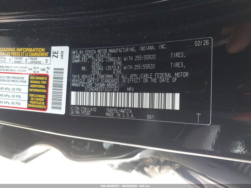 2026 Toyota Highlander VIN 5TDADAB59TS037363 IAAI salvage auction — REAR END, Salvage (Virginia), sold $9,800 on 2026-07-28 (photo 9)