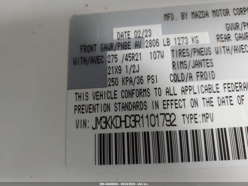 2024 Mazda Cx-90 VIN JM3KKDHD3R1101792 IAAI salvage auction — RIGHT SIDE, Salvage (Minnesota), sold $9,900 on 2026-09-03 (photo 9)