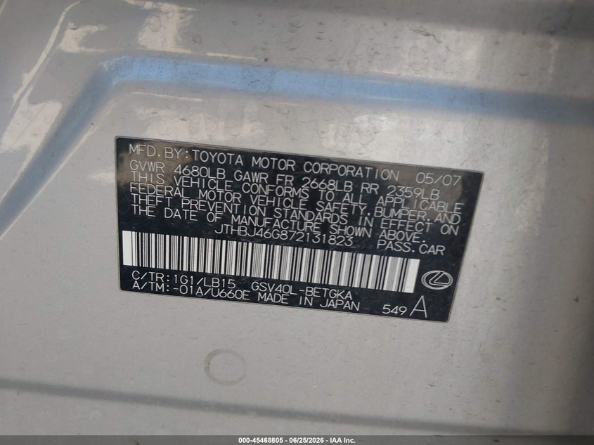 2007 Lexus ES VIN JTHBJ46G872131823 IAAI salvage auction — REAR END, Bill Of Sale (Washington), sold $475 on 2026-07-18 (photo 9)