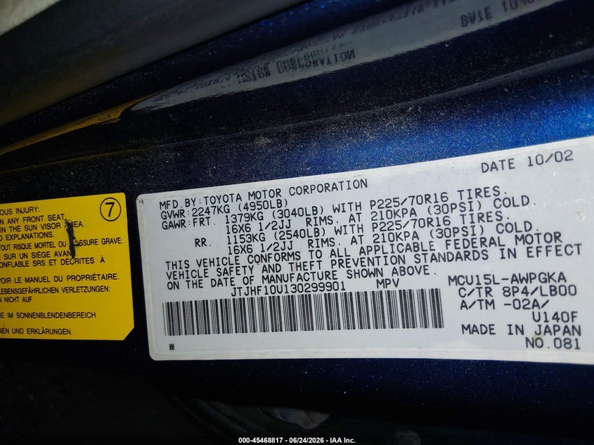 2003 Lexus Rx VIN JTJHF10U130299901 IAAI salvage auction — ALL OVER, For Junk Only (Idaho), sold $75 on 2026-07-24 (photo 9)