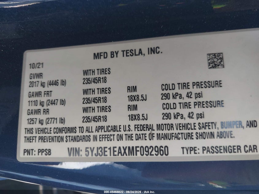 2021 Tesla Model 3 VIN 5YJ3E1EAXMF092960 IAAI salvage auction — FRONT END, Salvage Title, sold $6,200 on 2026-07-30 (photo 9)