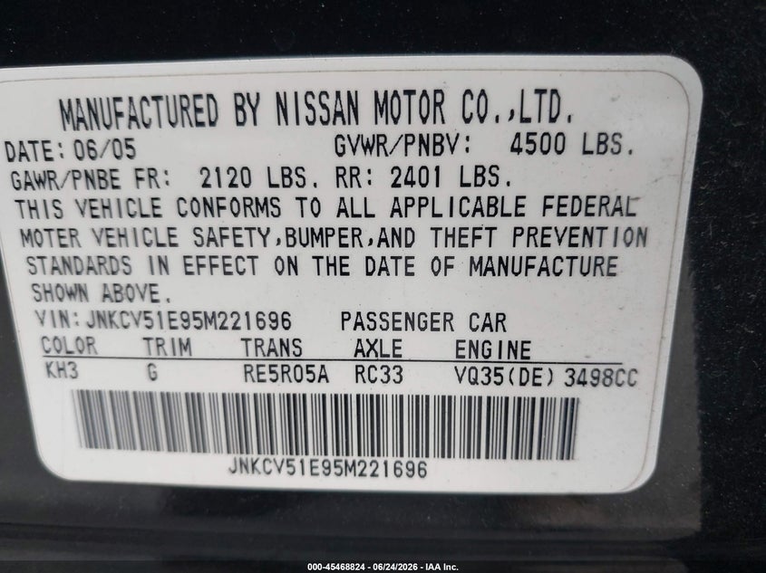2005 Infiniti G35 VIN JNKCV51E95M221696 IAAI salvage auction — REAR END, Salvage (California), sold $1,100 on 2026-09-02 (photo 9)