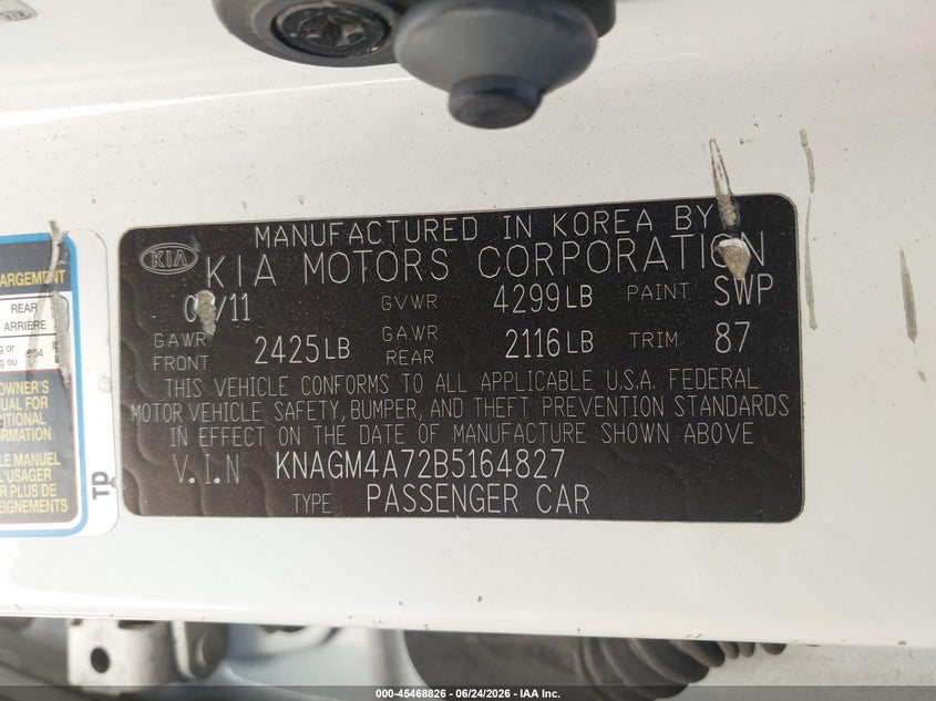 2011 Kia Optima VIN KNAGM4A72B5164827 IAAI salvage auction — REAR END, Salvage (California), sold $400 on 2026-07-29 (photo 9)