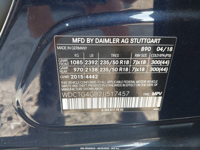 2018 Mercedes-benz Gla-klasse VIN WDCTG4GB2JJ517457 IAAI salvage auction — FRONT END, Salvage (South Carolina), sold $1,550 on 2026-07-28 (photo 9)