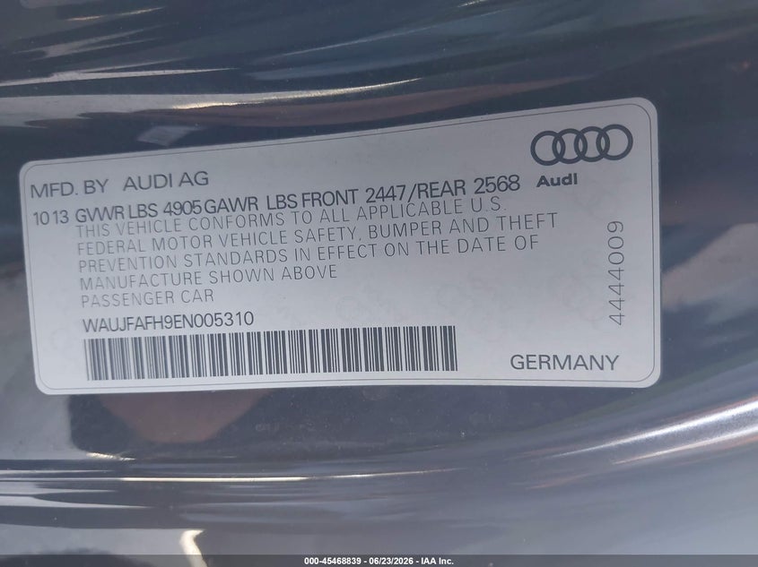 2014 Audi A5 VIN WAUJFAFH9EN005310 IAAI salvage auction — UNKNOWN, Salvage Title, sold $525 on 2026-07-29 (photo 9)