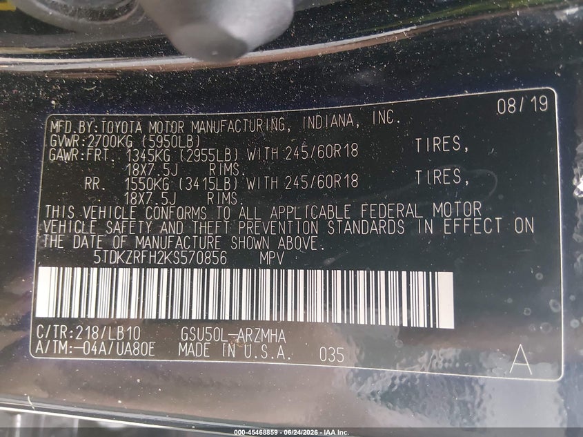 2019 Toyota Highlander VIN 5TDKZRFH2KS570856 IAAI salvage auction — RIGHT FRONT, Wait Title, sold $7,200 on 2026-08-08 (photo 9)