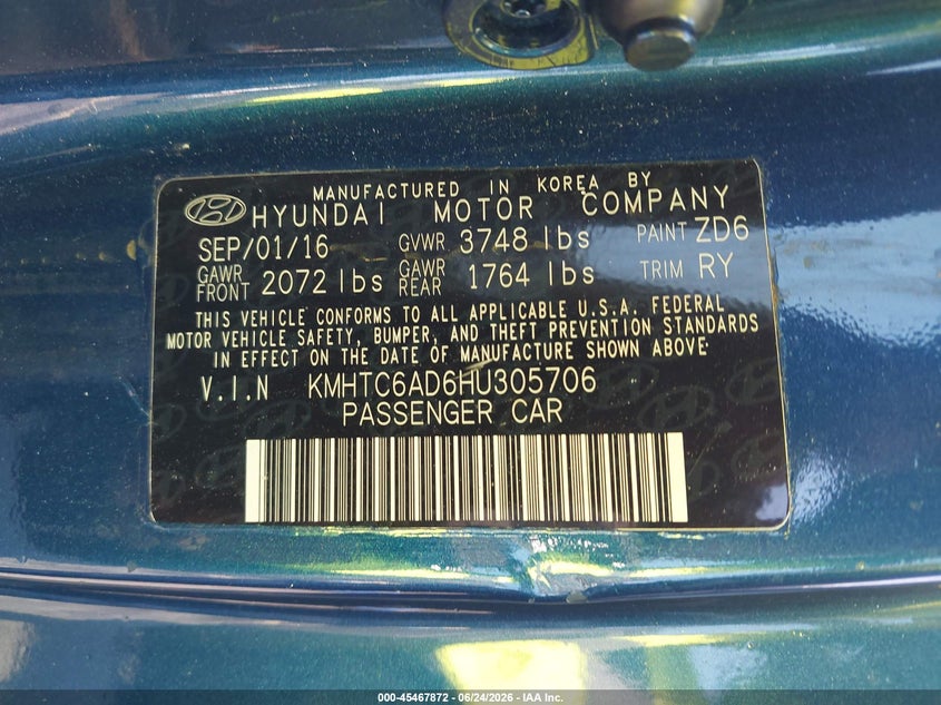 2017 Hyundai Veloster VIN KMHTC6AD6HU305706 IAAI salvage auction — LEFT REAR, Salvage Title, sold $375 on 2026-07-23 (photo 9)