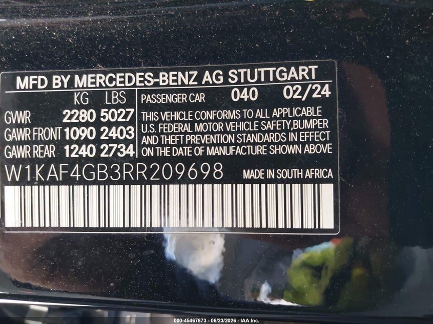 2024 Mercedes-benz VIN W1KAF4GB3RR209698 IAAI salvage auction — RIGHT FRONT, Salvage Title, sold $17,700 on 2026-07-29 (photo 9)