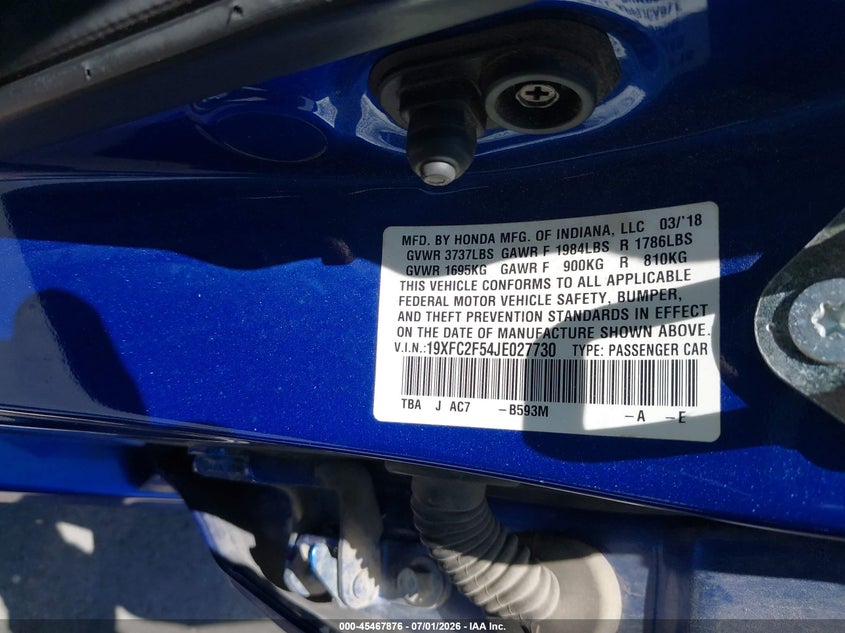 2018 Honda Civic VIN 19XFC2F54JE027730 IAAI salvage auction — FRONT END, Salvage Title, sold $2,250 on 2026-08-08 (photo 9)