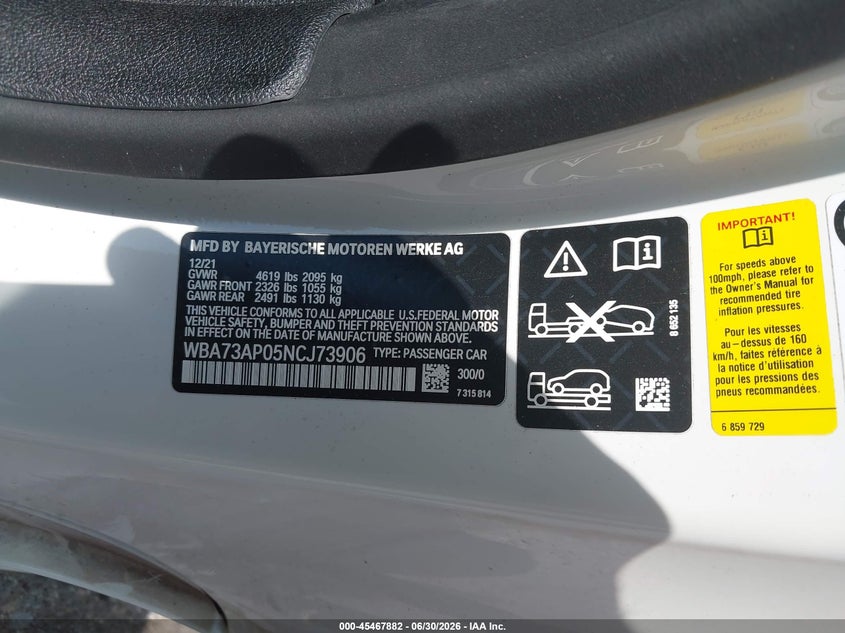 2022 BMW VIN WBA73AP05NCJ73906 IAAI salvage auction — RIGHT FRONT, Salvage Title, sold $14,900 on 2026-07-18 (photo 9)